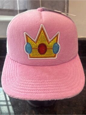 Super Mario Bros Princess Peach Rhinestone Crown Pink Trucker Hat NWT
